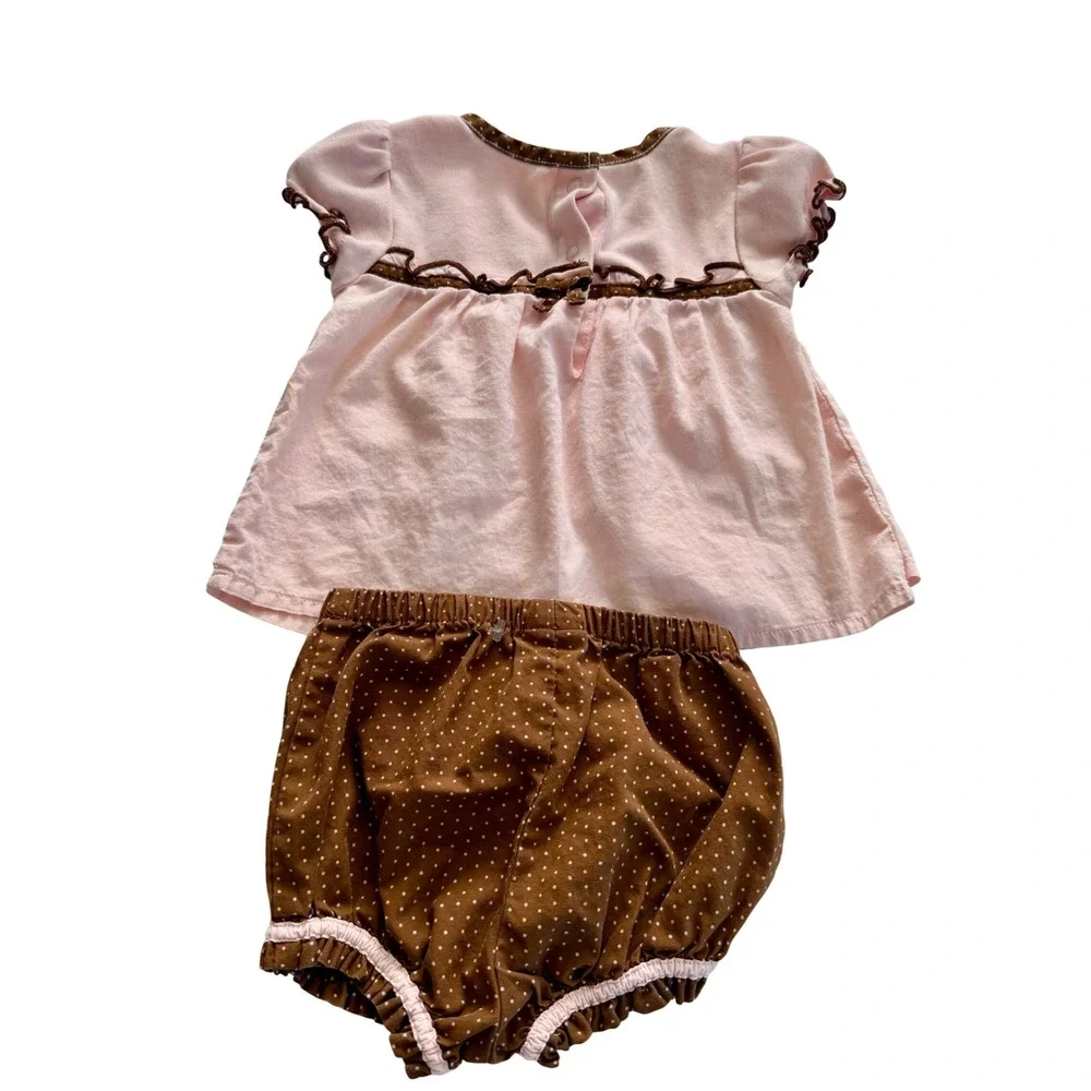 VTG Gymboree Baby Girl Pink Brown Dachshund Dog Polka Dot Bloomer Set 0-3 Months